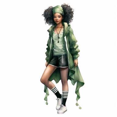 watercolor, black woman dressed up in harry potter slytherin clothing, green and black tennis shoes, style of Ray Caesar white background, clipart