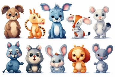 cute and friendly baby factory animals clipart, storybook style, HD, spaced out, isolated white background