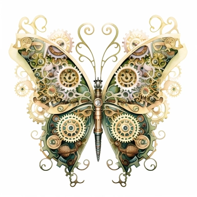A delicate butterfly with wings detailed with intricate clockwork gears and cogs, with its colors echoing the shine of Olive Green and Dusty Pink watercolour clipart, white background, no watermarks