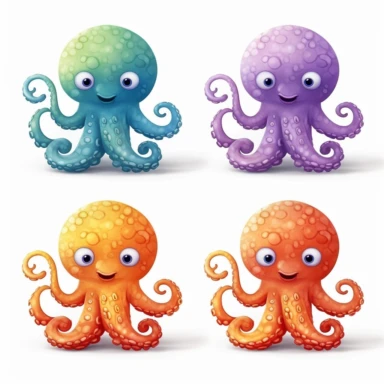 cute octopus in different colors, clipart, illustration by joe chou, white background