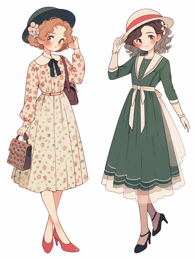 two 20-years-old fashion and beautiful England girls in 1910s are showing their different outfits, happycore, traditional, clipart set, color hand drawn watercolor illustration, isolated image white background