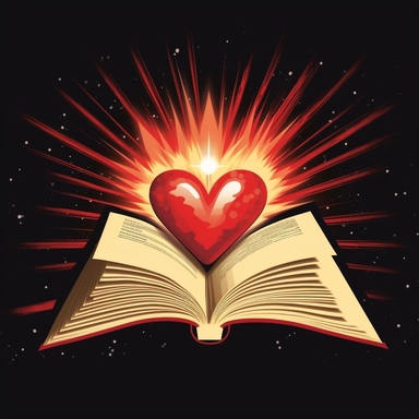 an view of an open bible with a red radiant heart coming out of the pages that is grows in size as it extends out of Bible. I want this in the style of a clip art or a logo.