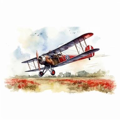 watercolour, biplane flying over poppy field, detailed, clipart, white background