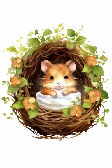 Create a watercolor clipart picture of a baby hamster sleeping cozily in its tiny nest, white background. The hamster should have a cute expression, with its fur depicted in soft watercolor textures. Surround the crib with small flowers and greenery, adding a whimsical touch to the scene.