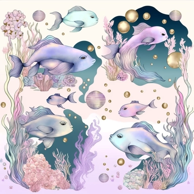 under the sea flowers and fishes elements, digi art, clipart, realistic pastel colors, light magenta and light indigo, maximalism, whimsical , subtle color gradations, gold and silver, minimalist,