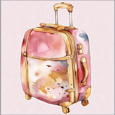 sweet pink and gold hand-painted in watercolors, travel luggage clipart, travel accessory, isolated white background, single design, sharp, bold , sweet pink, cream, gold, hand-painted watercolor
