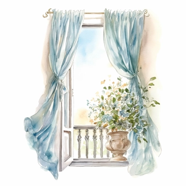 A balcony window with curtains fluttering in the spring wind clipart, white background, watercolor drawing