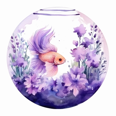 watercolor round aquarium with fish in purple color and surrounded by lavendar flowers clipart, hd, on white background, spaced out