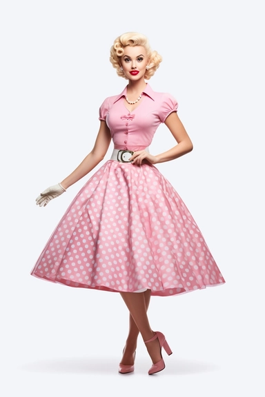 full body shot of a posing housewife against white background, in the style of vintage-inspired pin-ups, realistic figures, polka dot madness, pink and amber, against qhite background clipart png