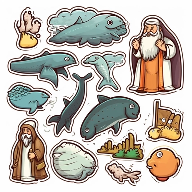 jonah and the whale from the bible. set of icons stickers. buttons. cartoon art. vector. high contrast. clip art. icon. sticker. white background.