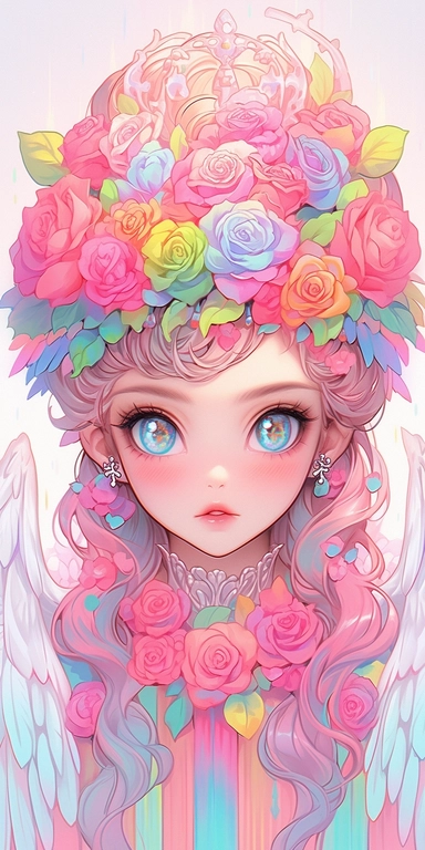 pastelcolor beautiful wild roses fantasy, Angel girl with beautiful face and big eyes with rainbow feathers, angel wing, chibi kawaii animated style, vivid vibrant colors, intricate detail, hyper detailed, hyper quality, 32K, unreal engine, isolated on white background, kawaii, clipart
