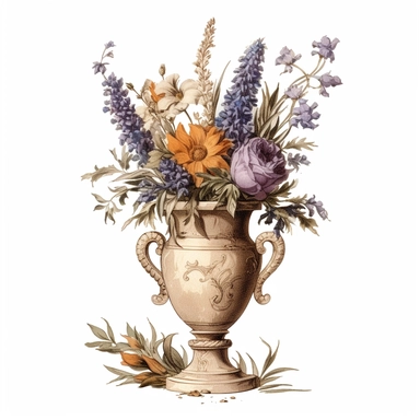 18th century bronze vase with lavender and other flowers, in the style of watercolor illustrations, iconic, mystic symbolism, animated gifs, animal motifs, organic material, varied brushwork, exceptional detail, floralcore, clipart