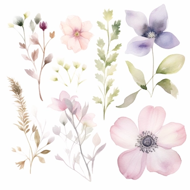 Watercolour sketch, floral elements, simple, clipart, white background, pale delicate tones, naturecore, bloomcore