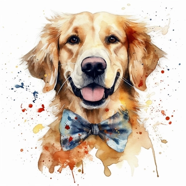 a moving golden retriever dressed up, dressed up, happy smiling face, cute animal, adorable, playful atitude, adorable watercolor animal clipart, no background, high quality and very sharp image with clear focus