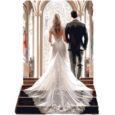 Bride and groom full back body in church, fancy bride dress, high level of detail, vector clipart, white background