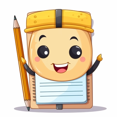 Clipart, white background: Create a cute kawaii pencil with a smiling face, wearing a tiny backpack and holding a notepad.