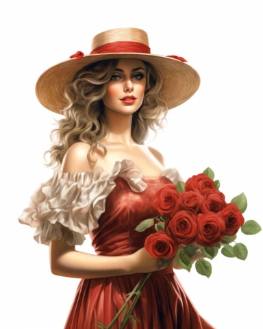 detailed beautiful lady standing up with vintage hat with red roses dressed in a vintage dress, hyper realistic, 8k, isolated on white backgorund, clipart