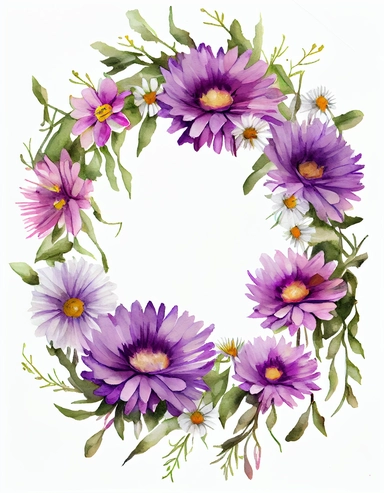 detailed vibrant watercolor attractive purple aster flower wreath with very wide middle white space , isolated on white background, realistic, clipart