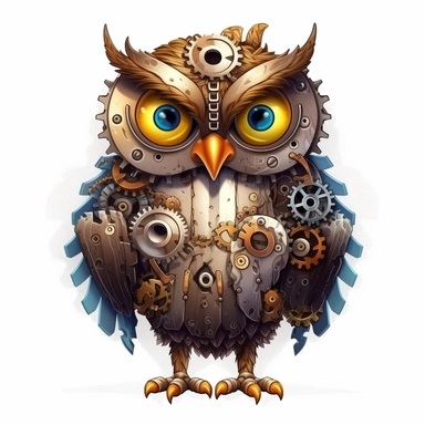 friendly owl with big cute eyes, standing up, in the style of steampunk, clipart, white background, lots of cogs