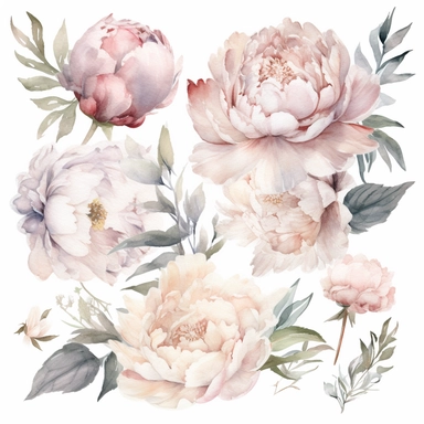 Beautiful peony watercolor clipart for weddings, gentle pastel colors, fine art style, detailed floral elements, romantic blossoms, graceful curves, organic and natural feel, ideal for wedding stationery, invitations, and decorations, timeless elegance, lovingly hand-painted, transparent and ethereal, isolated on white background