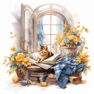 watercolor mixed media masterpiece royal kitchen beautiful window with sleeping cat and books and basket with flowers, decorated with flowers, golden accents, provence, by Adonna Khare style, Baroque style, PNG clipart, isolated on white, extreme photorealistic details, 32k HD resolution, realistic high detailization high resolution