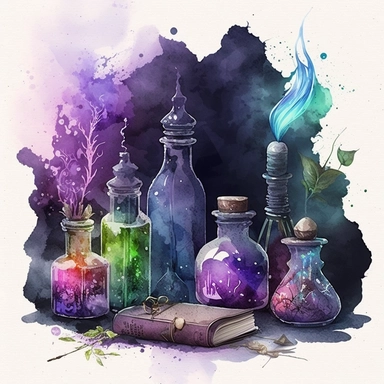 Many Magical Potion bottles on the wizard table with watercolor effect,mystical magic books,victorian style candlestick,fantasy scene, suitable for digital clipart,dark colours,purple color,blue color,green color,white background