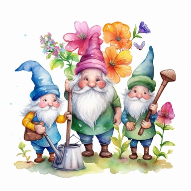 Spring 3Gnomes Bloom Butterfly Watercolor Clipart, a delightful illustration of three gnomes with brightly colored caps, one holding a blooming flower, another chasing a butterfly, and the third holding a watering can, all set against a clean white background, embodying the warmth, vitality, and joy of spring, Illustration, created using digital watercolor brushes to simulate the soft blending and vibrant hues of traditional watercolor