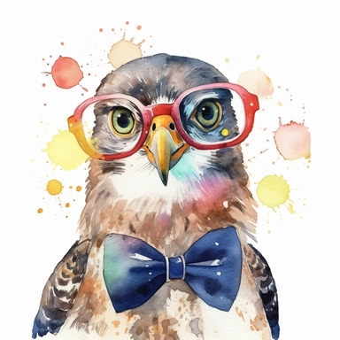 please create watercolor clipart of a hawk smiling, wearing party GLASSES AND BOW TIE and bubbles, colorful, WHITE BACKGROUND
