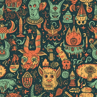Comical Occult Creatures: Design a pattern that showcases the lighter side of satanic creatures and symbols using a humorous clipart style. Focus on capturing the amusing characteristics of characters like Baphomet wearing a party hat, a skateboarding demon, or a vampire sipping a cocktail. Employ a diverse range of colors, from dark, moody shades to vibrant, eye-catching hues, to create a visually captivating and entertaining composition.