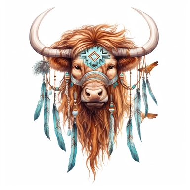 Cute Beautiful Native American Feather Highland cow Sublimation Clipart,Cartoon, hyper realistic, intricate detail, illustration style,high solution,on the white background