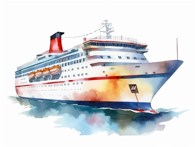 Watercolor clip art on white background, cruise ship, Clipart, high-resolution image with vibrant and true-to-life colors, isolated