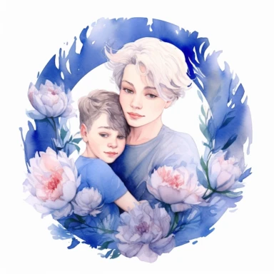 cute watercolor clipart with pale skinned older mom and adult son hugging echother in circle, beautiful, hight quality, pastel colors, white background, decorated with blue peonies