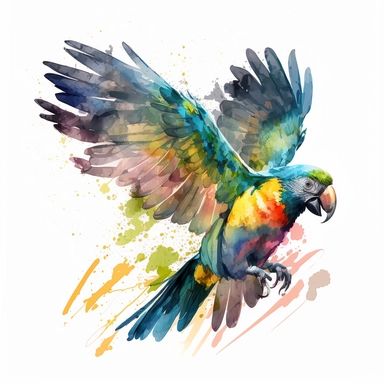 watercolor sketch illustration of Tropical Watercolor fly parrot Clipart, digital art, concept, art, 8k, hd, isolated on a white background