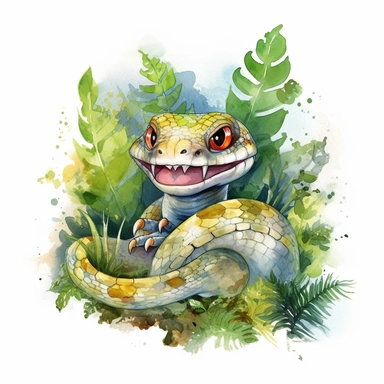 watercolor cartoon happy snake in jungle drawing, illustration clipart, high detailed, white background, digital art