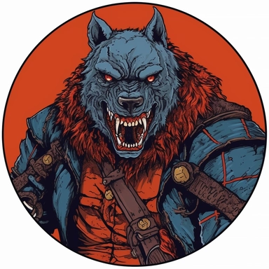 A circular tondo depicting a Dungeons & Dragons character bugbear badass boss warrior bandit, Mike Allred Josh Kirby Mad Max Lord of the Rings, handpainted enamel punk zine indie retrowave, clipart illustration, circle solid background