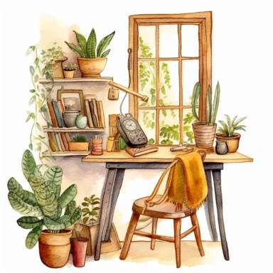 A boho style home working corner with watercolor effect, boho style tools, boho style big window, , boho style details, boho colors, suitable for digital clipart, white background, boho style green plants, boho flowers