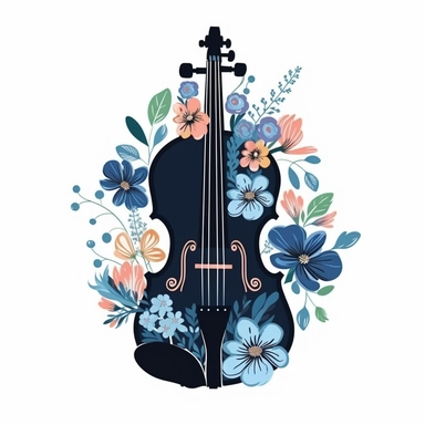 violin with flowers sublimation clipart, vector, illustration, 2d, flat colors, isolated background