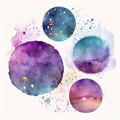 watercolor aquarell Eine Clipart-Illustration eines Schädels in leuchtendem Lila, der auf einem Hintergrund des Sternenhimmels platziert ist. Der Schädel ist detailliert und gut gestaltet, mit realistischen Augen- und Nasenhöhlen. Die Farbe des Schädels hebt sich von dem dunklen Hintergrund ab, während die Sterne in verschiedenen Größen und Helligkeiten glitzern und funkeln.