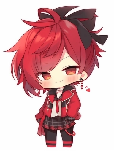 cute anime chibi girl, tomboy style, crimson red hair, outgoing attitude, clipart, no background