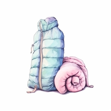 isolated on a white background, in a feminine style that is populair on Etsy, camping sleeping bag, high resolution, highly detailed, watercolor clipart illustration, soft pastel color theme, baby pink, light blue, lila and mint