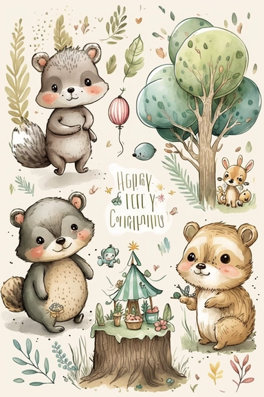 cute illustration, cartoon, vector, clipart set, happy birthday forest, lovely baby animals, sweet, aquarelle, pastel painting, fresh colors, classic Disney style, isolated, white background