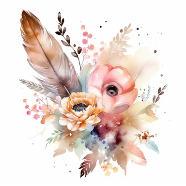 watercolor, single bunch of rustic flowers with feathers, bottom left-hand corner scroll ideal for wedding stationery, clipart