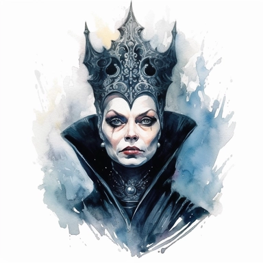 A wicked portrait of a malevolent queen, her regal features tinged with darkness, her gaze cold and calculating, ruling with an iron fist. Clipart, watercolor, white background, intricate detail.