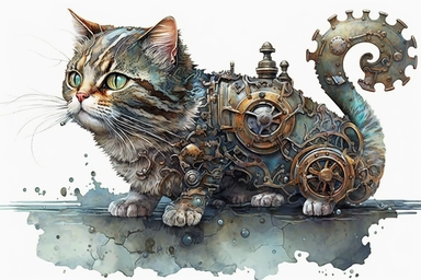 watercolor clipart, A beautiful cute cat with a steampunk-style mechanical fish in its paws, hd, on white background,