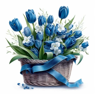 clipart of blue tulips in a basket, in the style of uhd image, high detailed, stock photo, colorful realism, ornate still lifes, isolated on flat white background