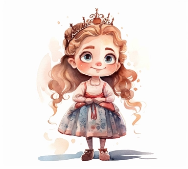 cute adorable little Danish princess character watercolor clipart, full body, disney, pixar