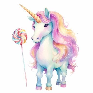 A professional digital art illustration hand painted style of cute baby unicorn clipart, long, pastel color mane and tail, magic candy color magic uinorn watercolor graphics, party candy supplies collection on white background
