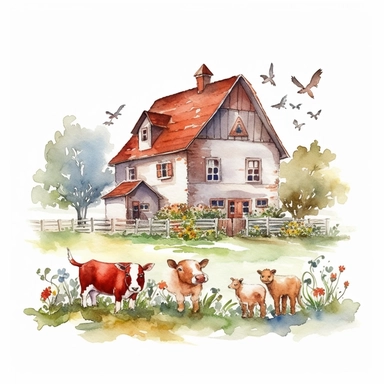 watercolor farm house clipart with meadow and some animals, white background, no comment, 8k