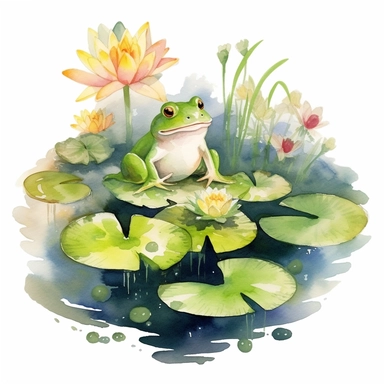 Watercolor Lily Pond Clipart - springtime cute lily pad and frog pond , white background, no text