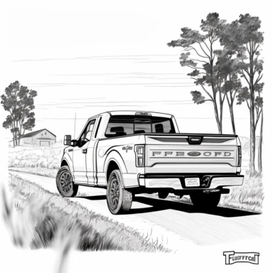 ford pickup truck driving away, license plate visible, adobe illustrator, illustration, black and white line art, dynamic composition, forced perspective, clipart, blank background